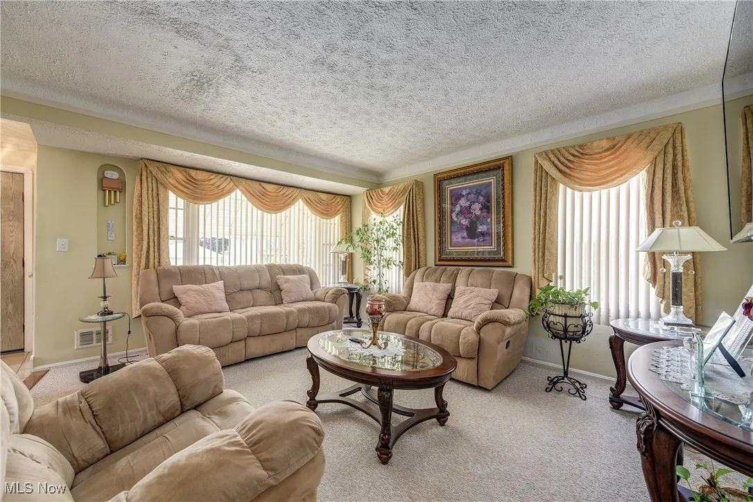 Living room with light carpet and a textured ceiling