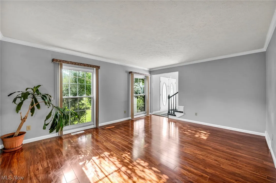 Empty room featuring crown molding, a textured ceiling, and wood-type flooring