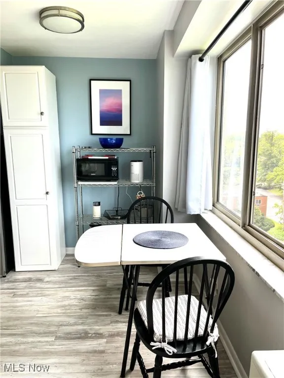 Dining space featuring light wood-type flooring and baseboards