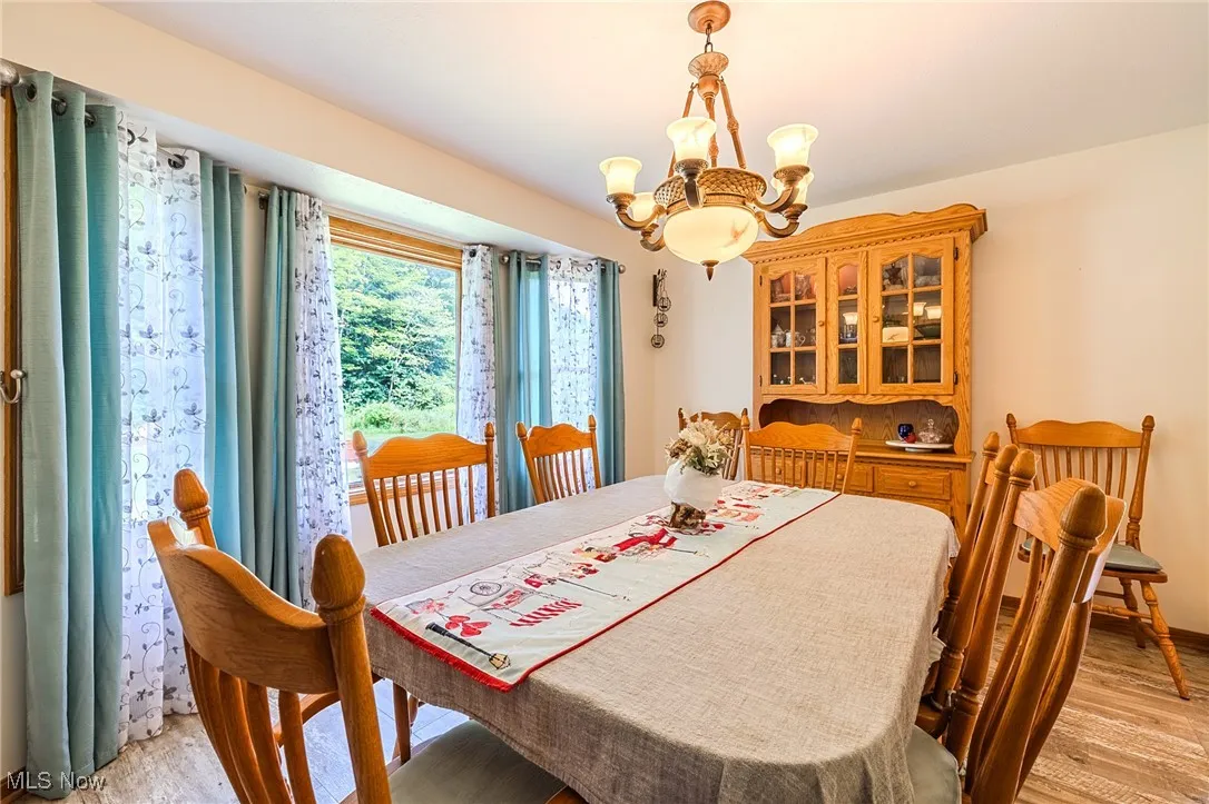 Dining area featuring a chandelier and light wood-type flooring