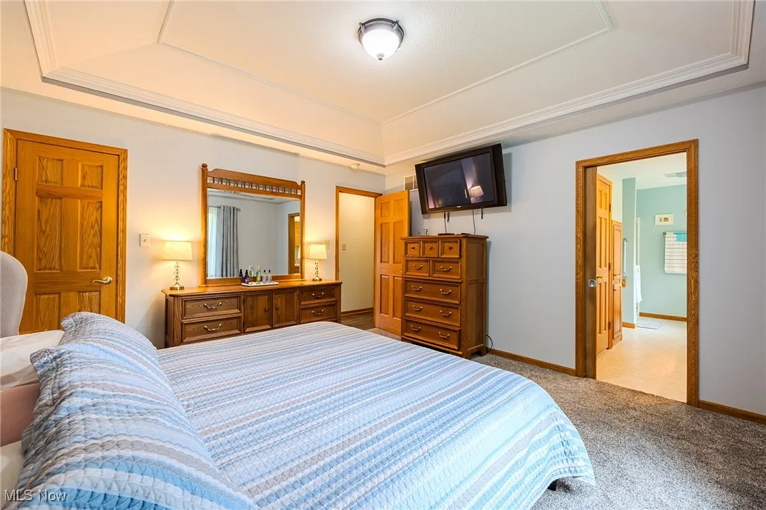 Bedroom featuring a raised ceiling, carpet floors, and ornamental molding