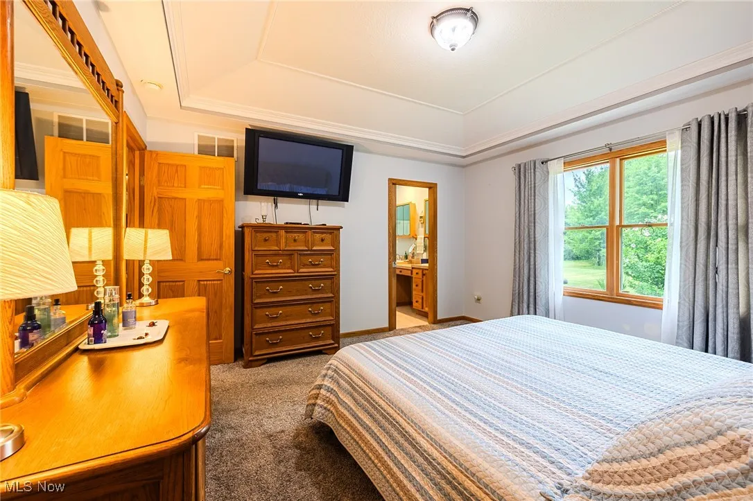 Bedroom with a raised ceiling, carpet floors, ornamental molding, and ensuite bathroom
