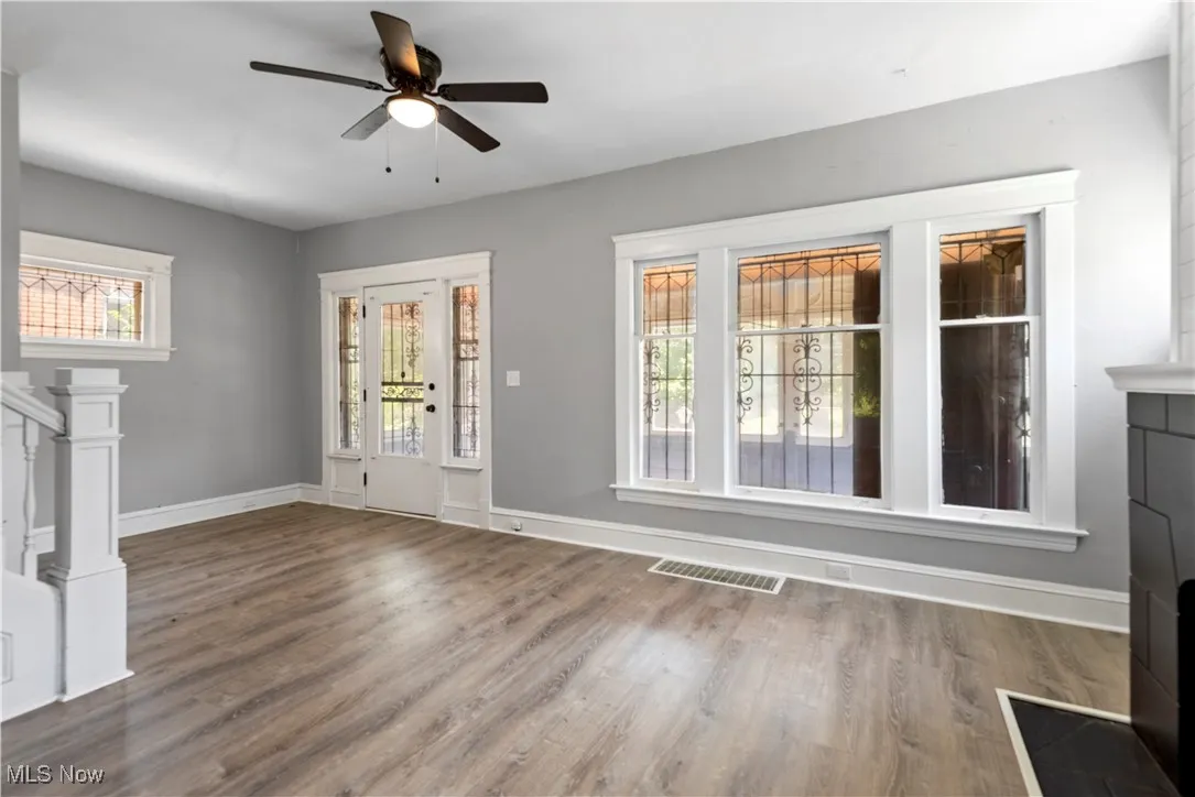Entryway featuring wood finished floors and ceiling fan