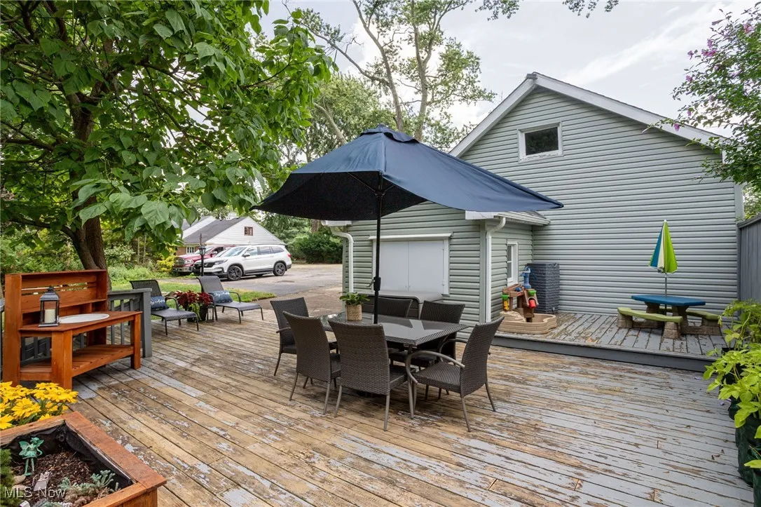 Wooden deck featuring outdoor dining area