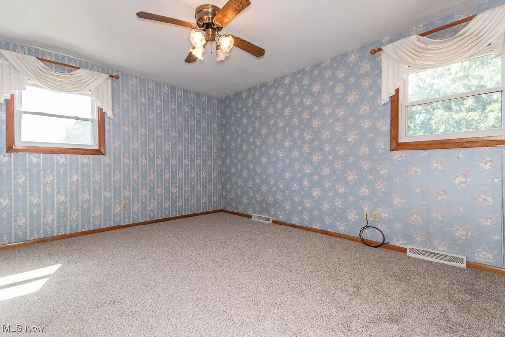 Spare room with healthy amount of natural light, a ceiling fan, and carpet