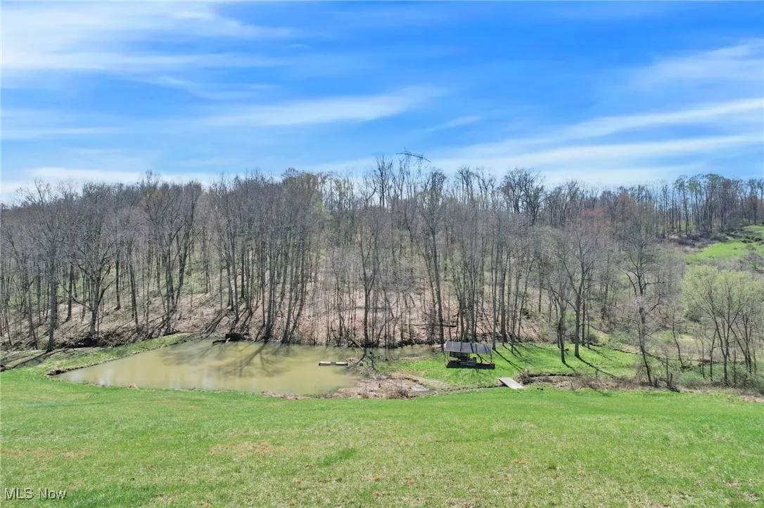 View of grassy yard featuring a forest view and a water view