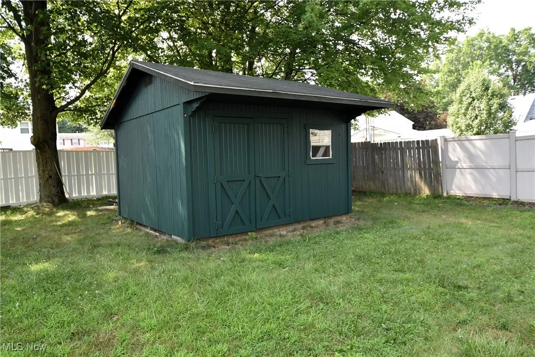 View of shed featuring a fenced backyard