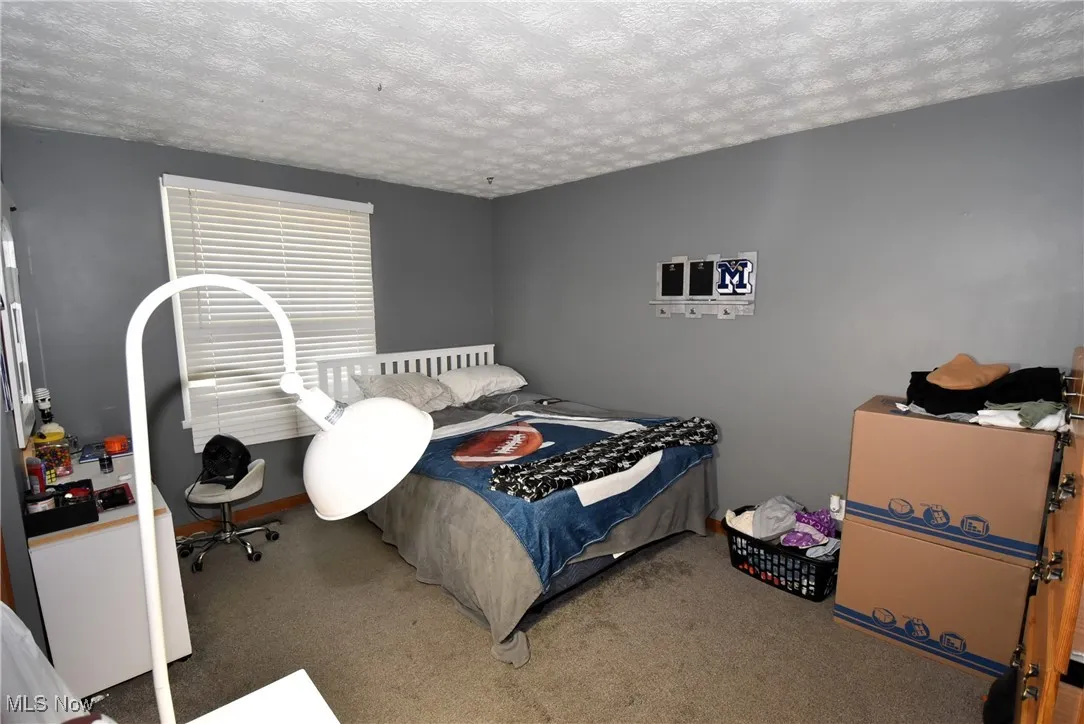 Carpeted bedroom featuring a textured ceiling