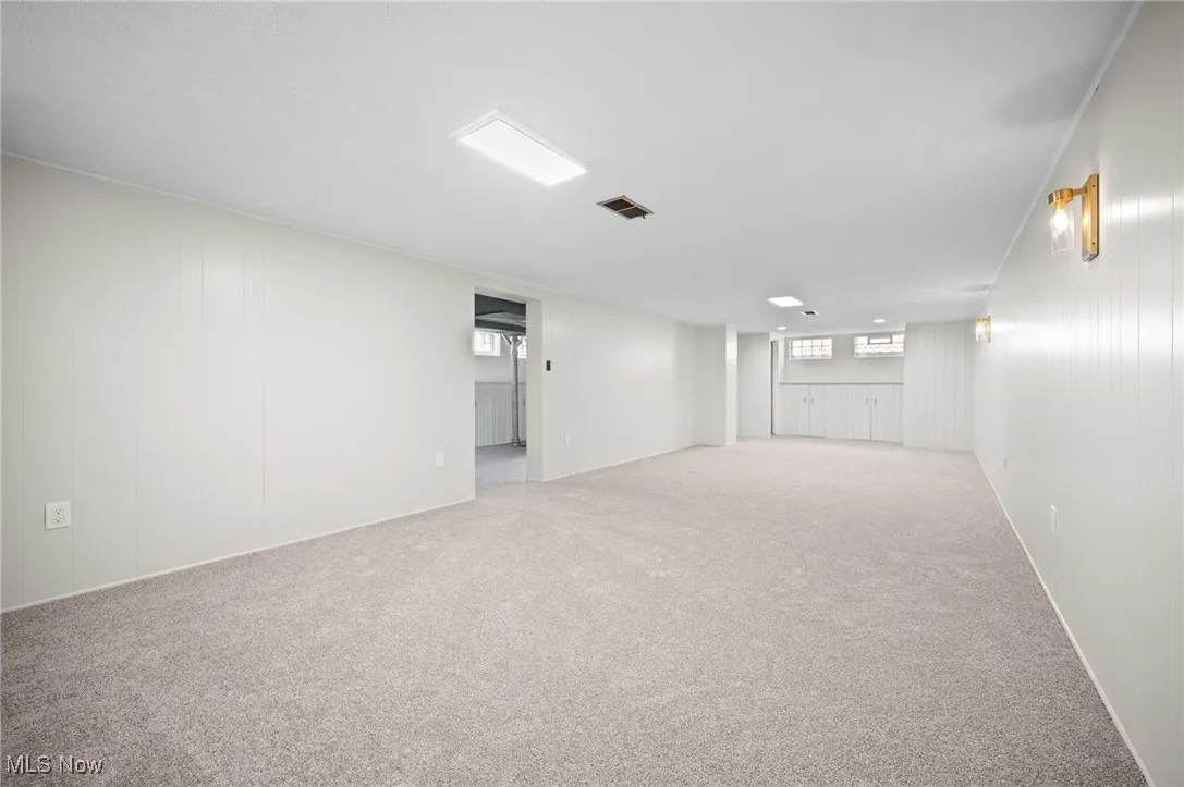 Below grade area featuring carpet and wooden walls