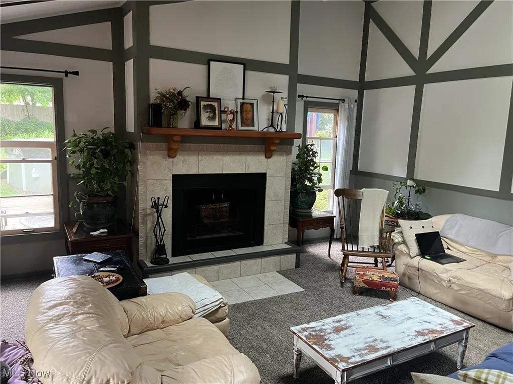 Carpeted living area featuring high vaulted ceiling and a fireplace