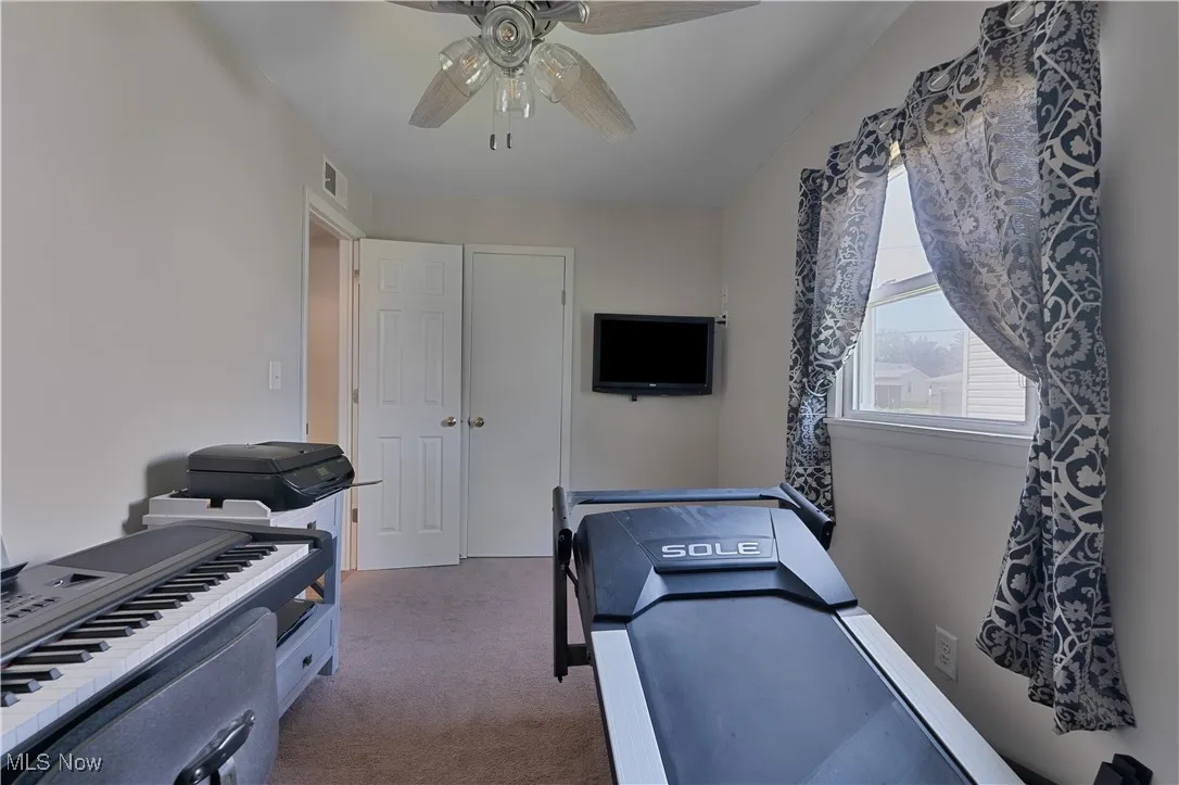 Exercise area with carpet and ceiling fan