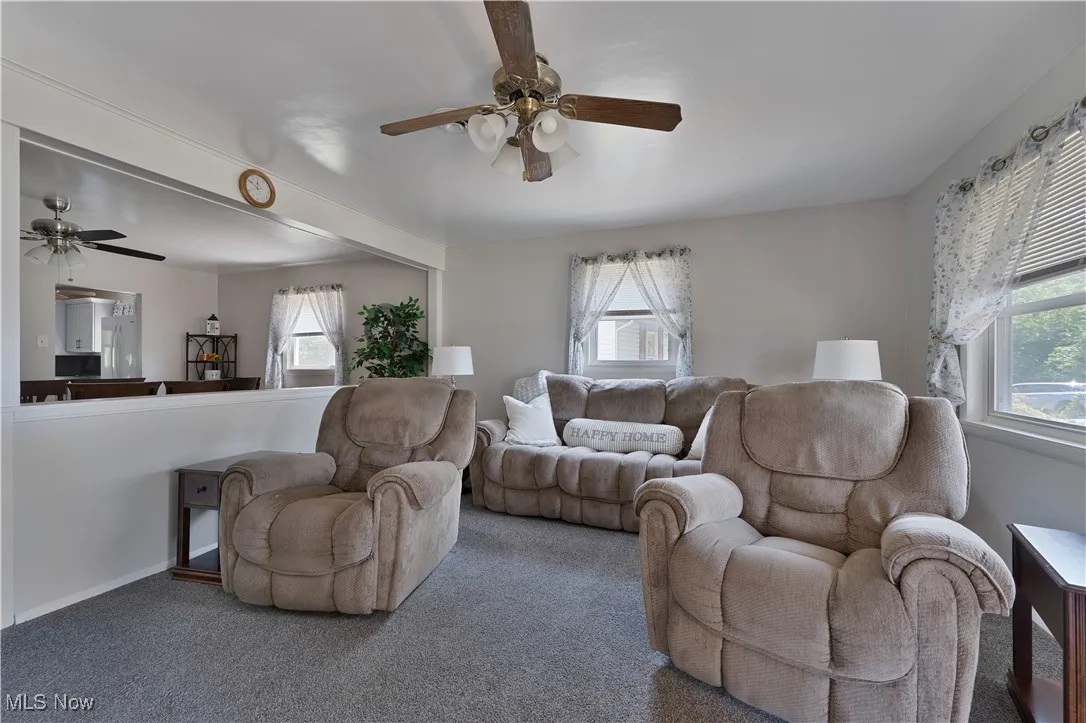 Living area featuring ceiling fan and carpet
