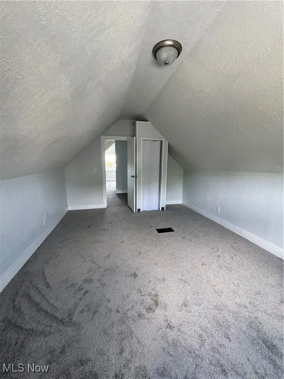 Bonus room with a textured ceiling, carpet floors, and lofted ceiling