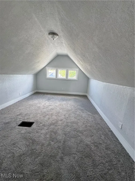 Bonus room with a textured wall, carpet flooring, lofted ceiling, and a textured ceiling