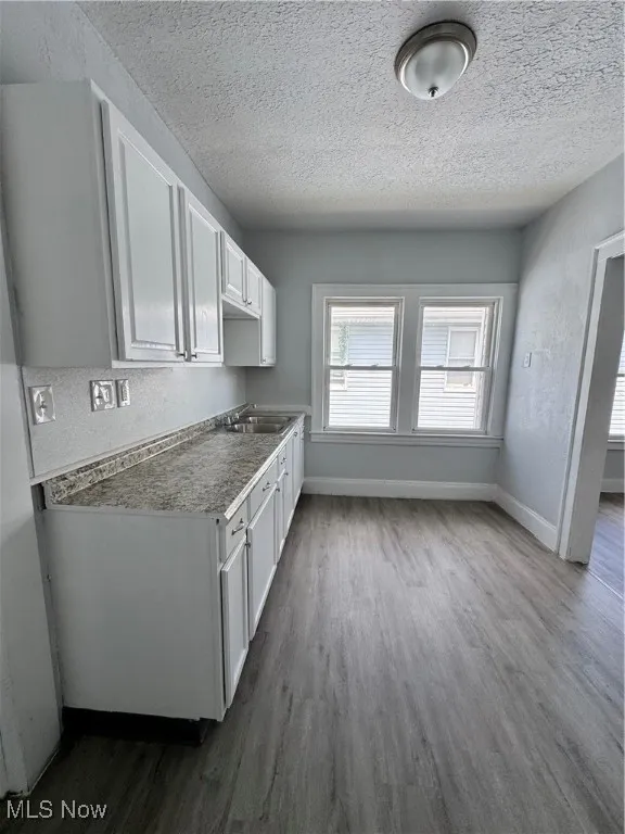 Kitchen with white cabinets, dark wood-type flooring, and a textured ceiling