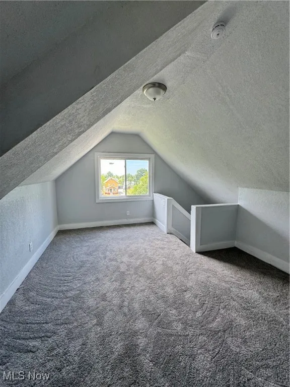 Bonus room featuring a textured ceiling, carpet flooring, lofted ceiling, and a textured wall