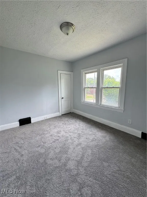 Spare room with carpet and a textured ceiling
