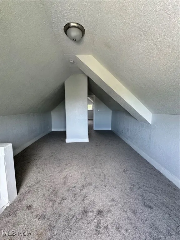 Additional living space with a textured ceiling, carpet flooring, lofted ceiling, and a textured wall