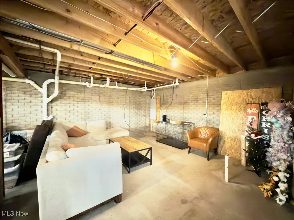 Unfinished basement with electric panel