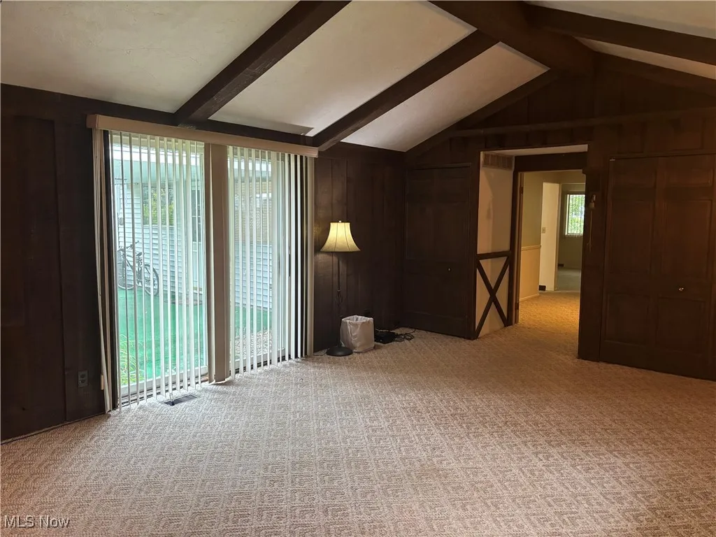 Family room featuring wood walls and carpet