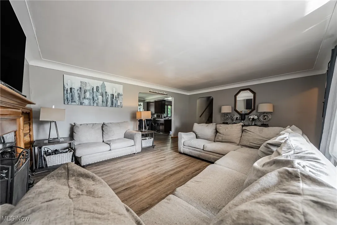 Living room featuring wood finished floors and ornamental molding