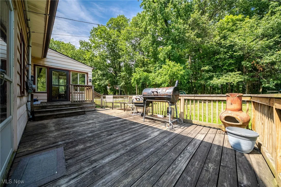 Wooden terrace with grilling area and view of scattered trees