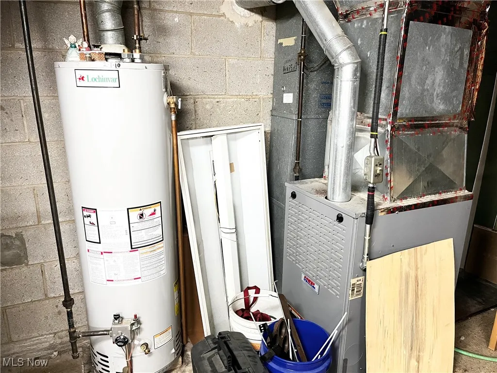 Utility room featuring gas water heater and heating unit