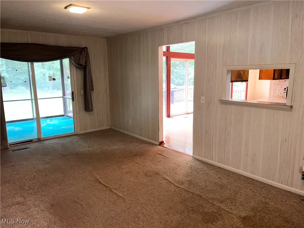 Carpeted spare room with wood walls and baseboards