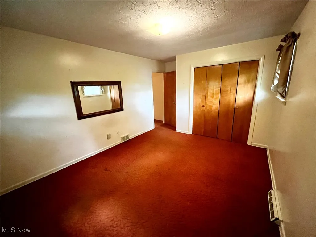 Unfurnished bedroom featuring a textured ceiling, carpet flooring, and a closet