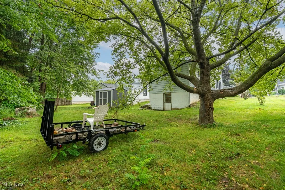 View of grassy yard with a shed