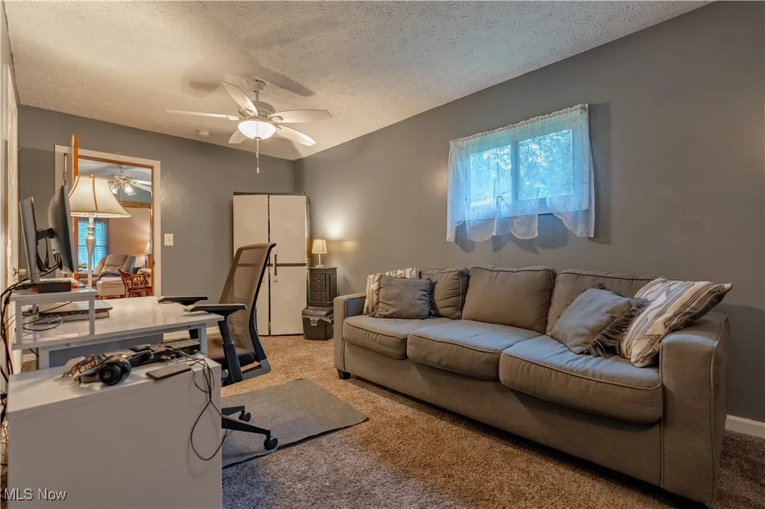 Home office featuring light carpet, a textured ceiling, and ceiling fan