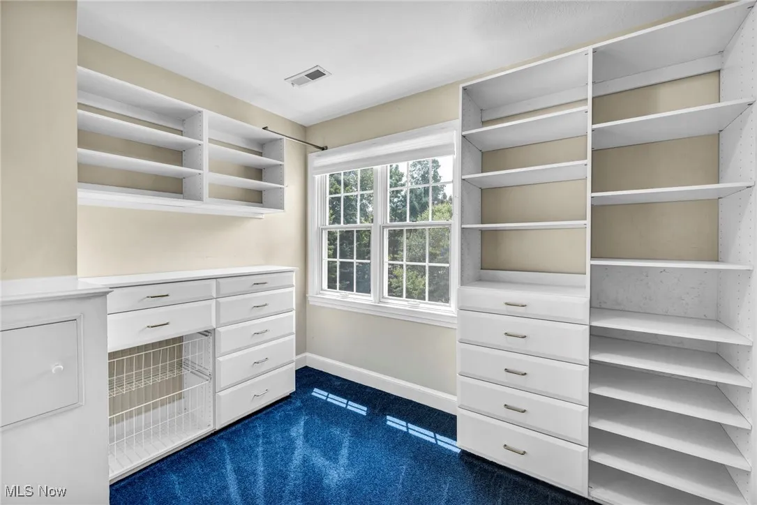 Spacious closet with dark carpet and built in study area