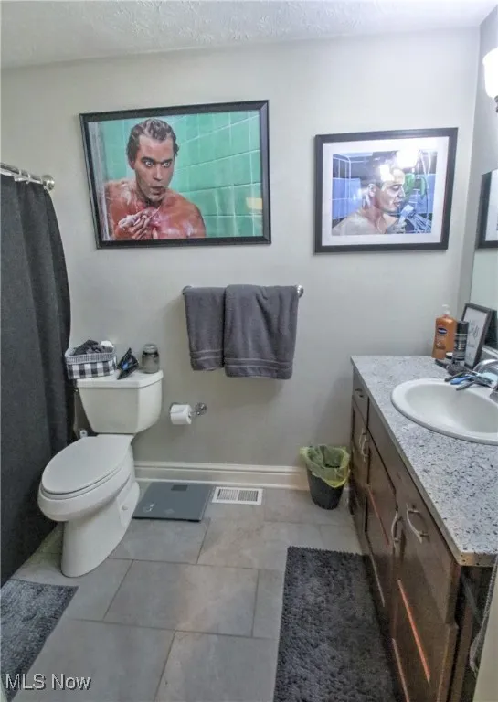 Bathroom featuring vanity, a textured ceiling, tile patterned flooring, and curtained shower