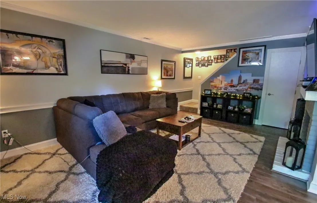 Living area featuring crown molding and baseboards