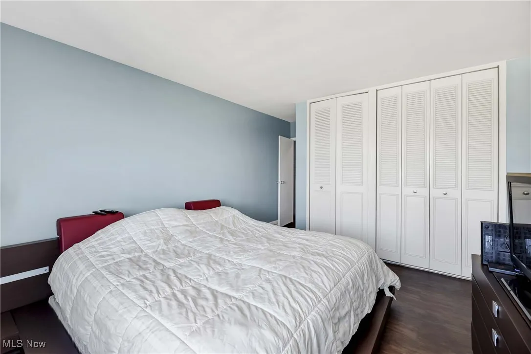 Bedroom with dark wood-style flooring and two closets