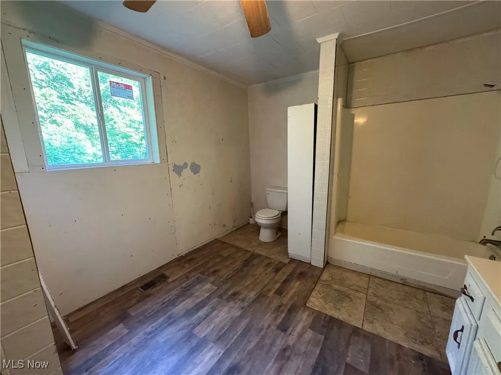Bathroom with wood finished floors, vanity, ornamental molding, and a ceiling fan