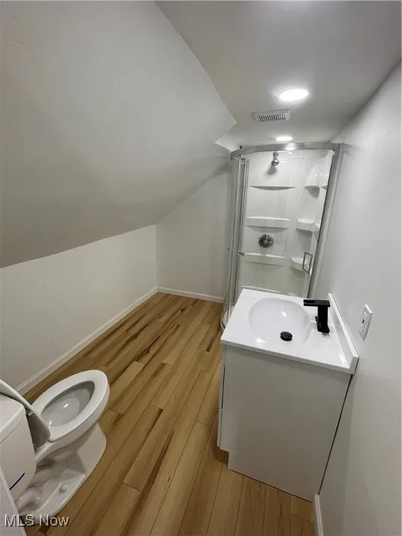 Bathroom with wood finished floors, a shower stall, vanity, and lofted ceiling