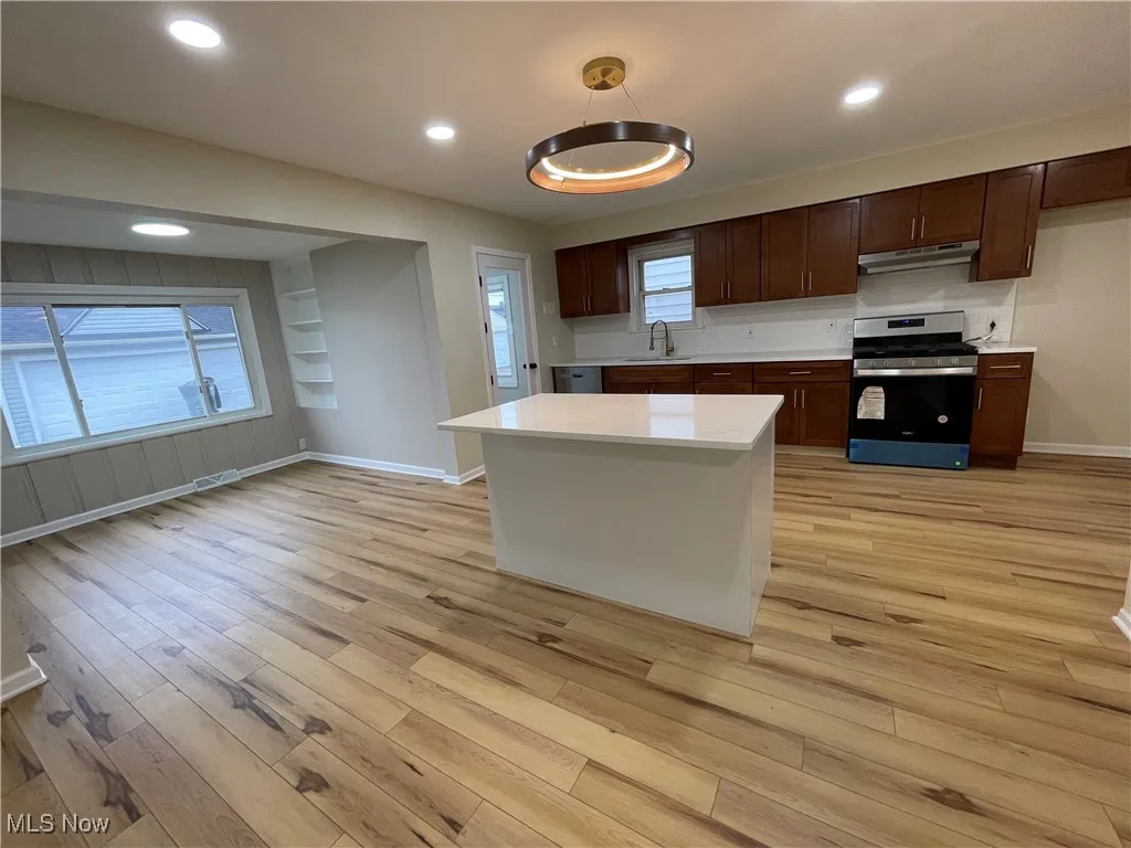Kitchen with appliances with stainless steel finishes, light countertops, healthy amount of natural light, light wood finished floors, and recessed lighting