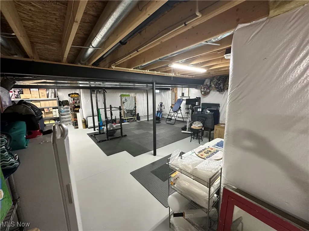 Unfinished below grade area featuring refrigerator