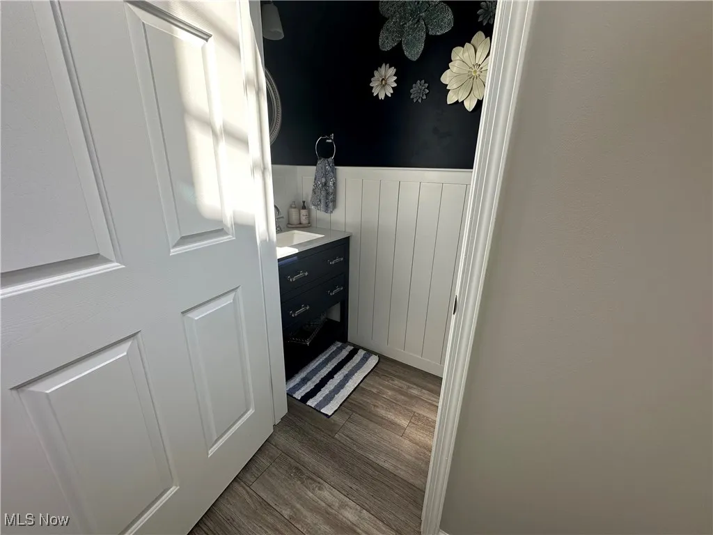 Bathroom featuring wood finished floors, wainscoting, and vanity