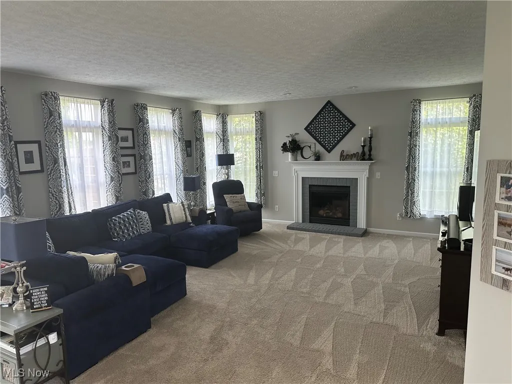 Living room with a textured ceiling, a fireplace, and carpet
