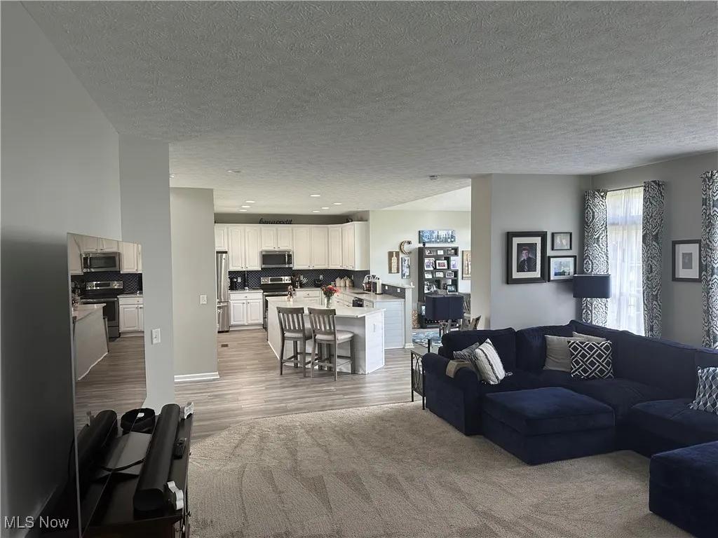 Living room with a textured ceiling and light wood-style floors