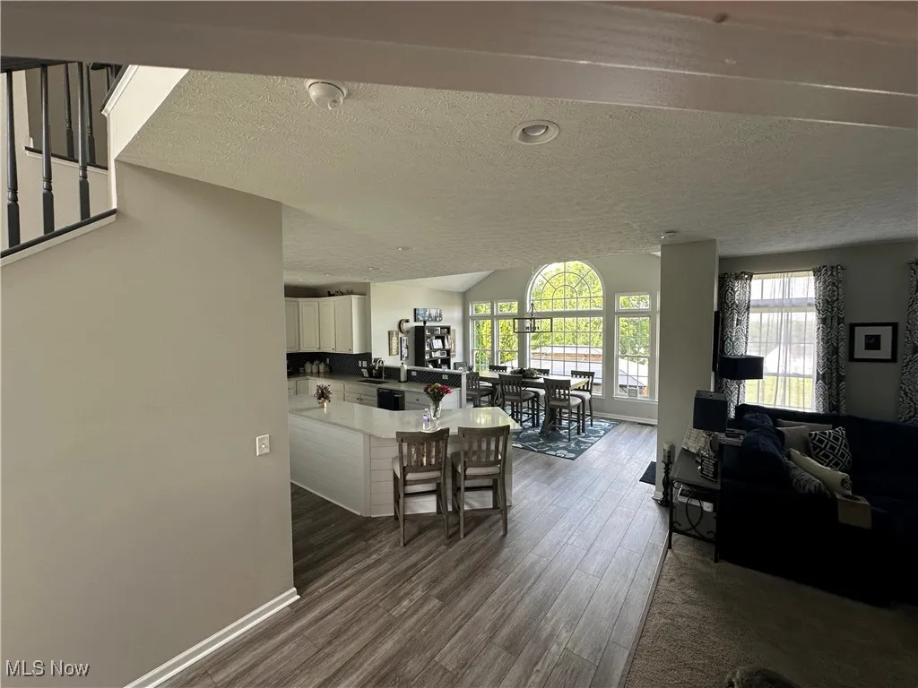Living room with a textured ceiling, plenty of natural light, dark wood finished floors, and vaulted ceiling