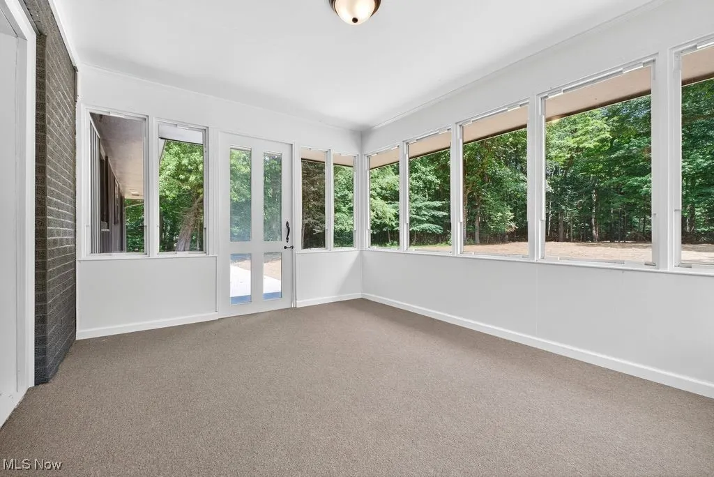 Unfurnished sunroom featuring carpet floors and ornamental molding