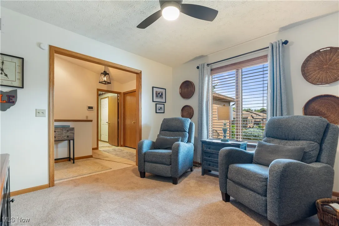 Living area with light carpet, a textured ceiling, and a ceiling fan