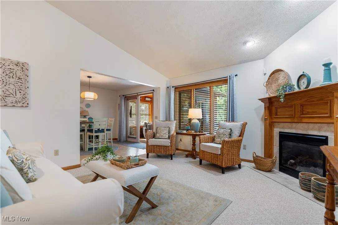Living room featuring vaulted ceiling, a tile fireplace, a textured ceiling, and light colored carpet