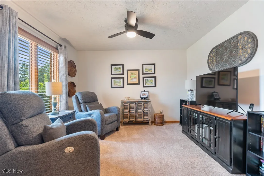 Living area featuring light colored carpet, a textured ceiling, and a ceiling fan