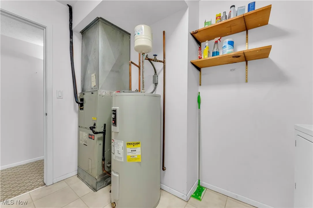 Utilities featuring water heater, washer / clothes dryer, and heating unit