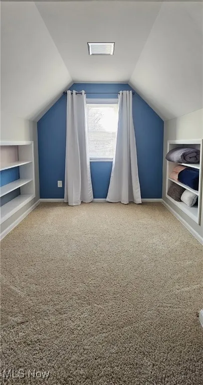 Additional living space featuring built in shelves, carpet, and vaulted ceiling