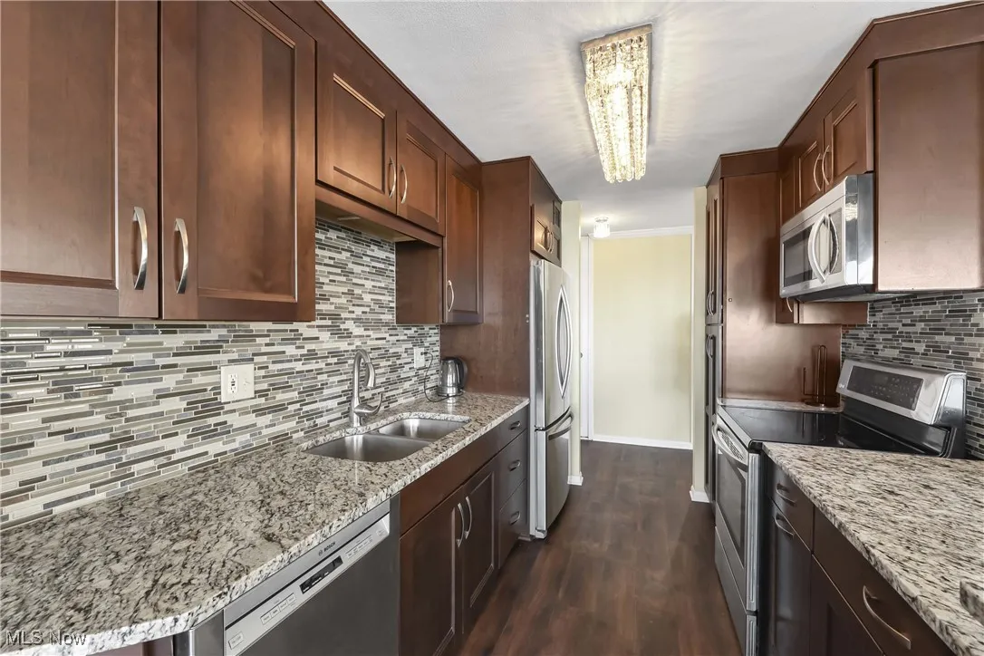 Kitchen featuring backsplash, dark wood-type flooring, light stone counters, stainless steel appliances, and a sink